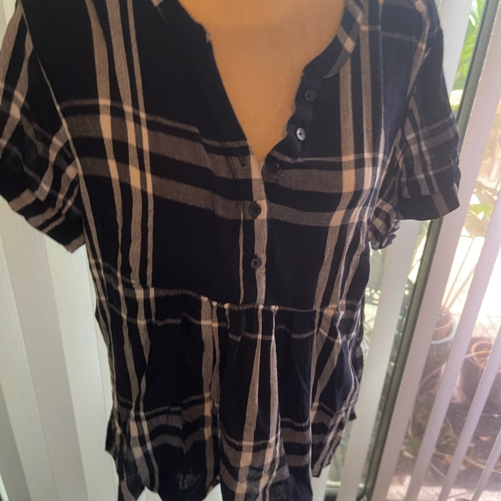 Lucky Brand Black and Cream Plaid Short-Sleeve Peplum Tunic